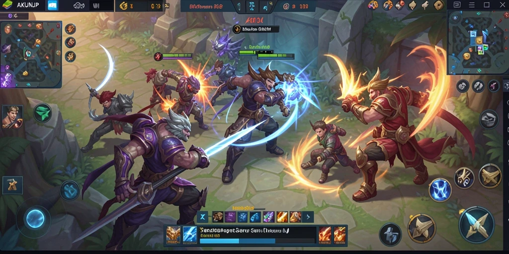 Tampilan tangkapan layar dari gameplay AKUNJP yang menegangkan di arena MOBA.
