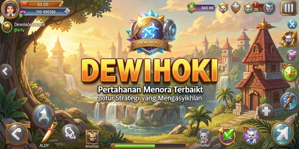Tangkapan layar gameplay DEWIHOKI yang menampilkan serangan menara pertahanan yang seru.