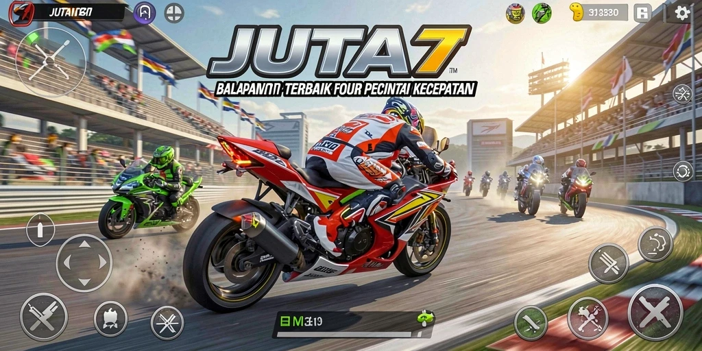 Screenshot JUTA7 menampilkan aksi balapan motor yang mendebarkan.
