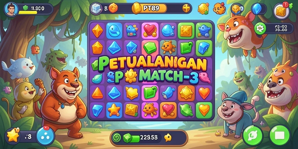 Screenshot utama PT89 menunjukkan momen seru dalam gameplay Match-3.