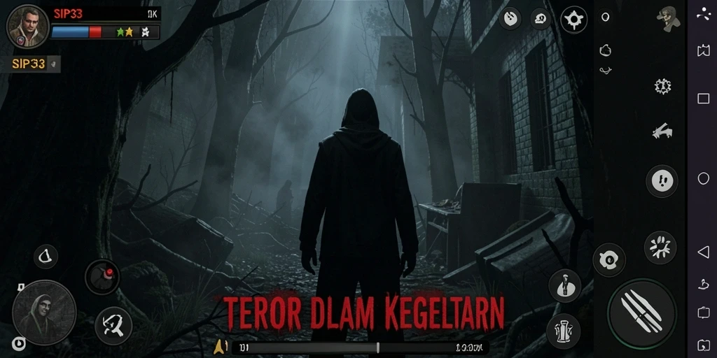 Tampilan gameplay SIP33 yang menegangkan dan penuh kegelapan.