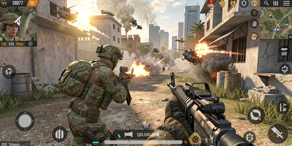 Screenshot gameplay menampilkan aksi mendebarkan SR877 di medan perang.