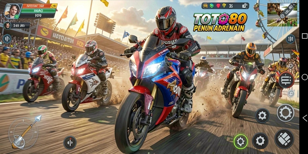 Screenshot gameplay TOTO80 menampilkan aksi balapan motor yang mendebarkan.